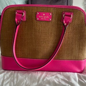 Kate Spade pink leather and straw shoulder bag.